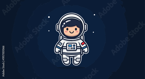 Astronaut cartoon illustration in space with stars and dark blue background