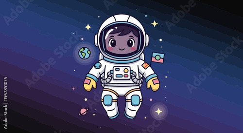 Astronaut cartoon in outer space with planets and stars illustration