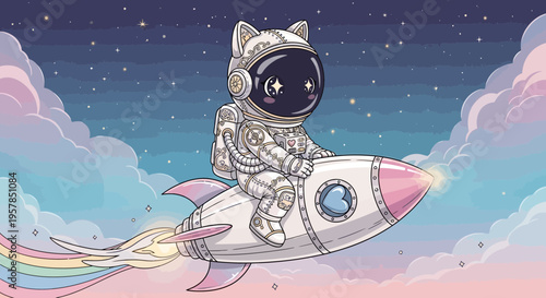 Astronaut cat riding a rocket through a whimsical night sky illustration