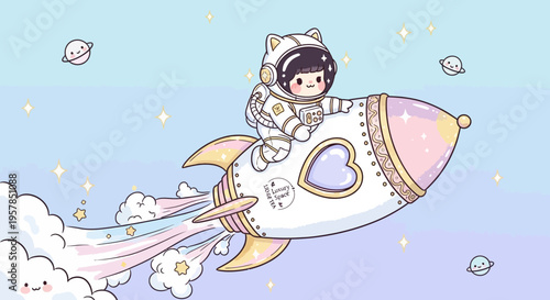 Astronaut cat on rocket ship in space illustration with stars and planets