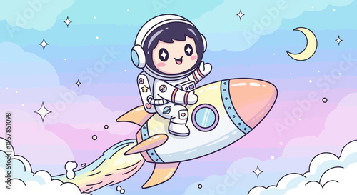 Astronaut character on rocket ship flying through a colorful starry sky
