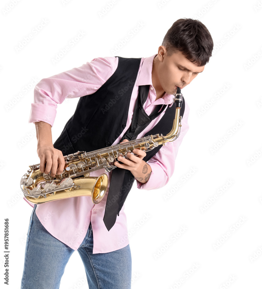 Fototapeta premium Young man playing saxophone on white background
