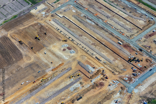 Officer Victoria aerial view large construction site with earthworks and heavy machinery