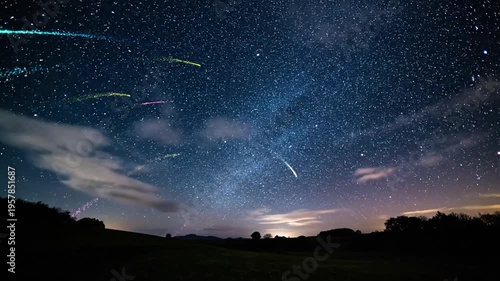 Night Sky Meteor Shower Starry Landscape.
