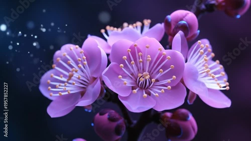 Purple flowers blooming in dark background.