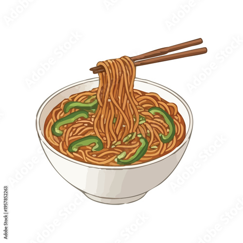 Delicious Stir-Fried Noodles with Vegetables in Bowl with Chopsticks