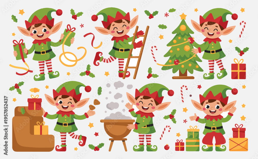 Fototapeta premium Christmas elves at work decorating the tree with gifts and treats