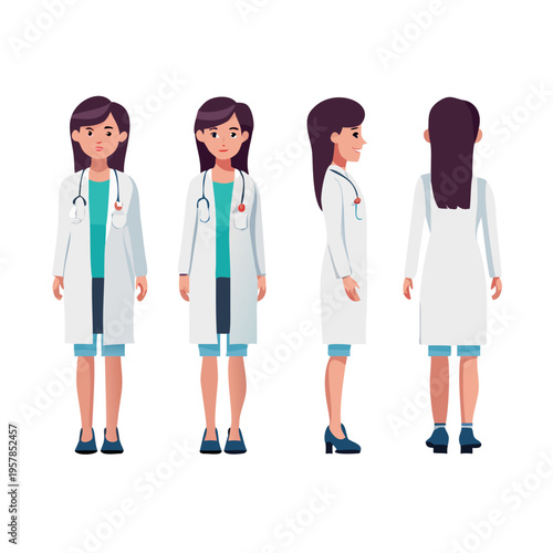 Female Doctor Character Turnaround – Front, Side, 3/4, and Back View for Animation and Design
