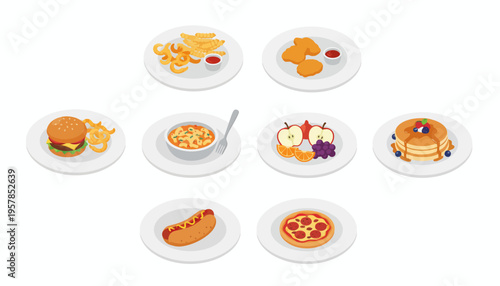 Isometric Vector Illustration Set of Common Kid's Menu Meals Including Cheeseburger, Pizza, Hot Dog, Pancakes, Mac and Cheese, Chicken Nuggets, and Fresh Fruit.