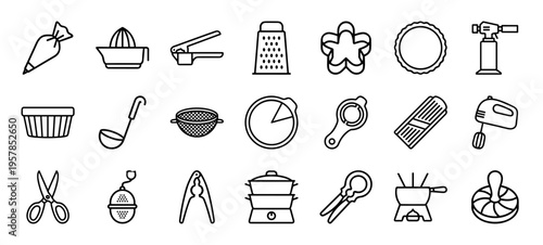 Culinary and Baking Tool Thin Line Art Set featuring Minimalist Geometric Outlines for Professional Kitchen Equipment and Patisserie.
