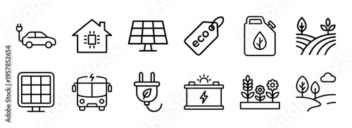 Renewable Energy and Environmental Sustainability Minimalist Monoline Icons for Clean Technology and Green Industry Interface Design