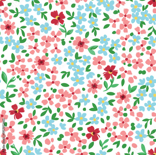 Seamless ditsy floral pattern. Cute garden flowers and leaves colorful pattern. Design for fashion textiles, fabric, print, graphics, backgrounds and crafts.
