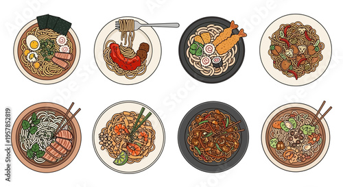 Various Asian Noodle Bowls Illustration Set featuring Ramen, Udon, Pad Thai, Spaghetti, and Pho in a Hand-Drawn Cartoon Style for Restaurant Menu and Food Art