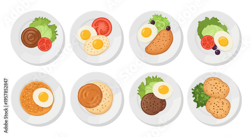 Top View Vector Illustration of Eight Breakfast Plates Featuring Fried Eggs, Fresh Tomatoes, Lettuce, and Meat Patties on a White Background for Food Design.
