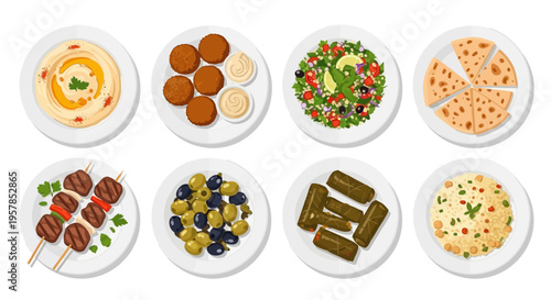 Assorted Middle Eastern and Mediterranean food illustration flat lay featuring hummus, falafel, tabbouleh, pita bread, kebab, olives, dolma, and rice on plates.