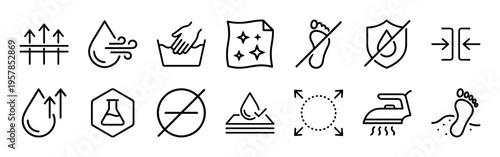 Minimalist monoline product feature icons for textile properties and fabric care. Geometric line art symbols for commercial labeling.