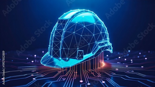 Digital construction helmet with network lines representing industrial safety engineering and smart technology concept