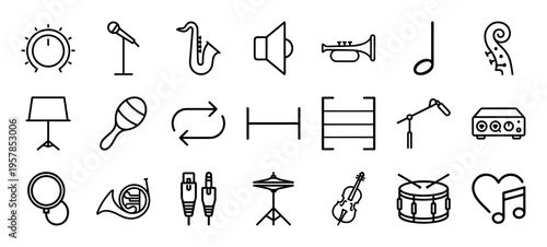 Music and Audio Production Line Art: Minimalist Geometric Monoline Symbols for Sound Engineering, Musical Notation, and Digital Media.