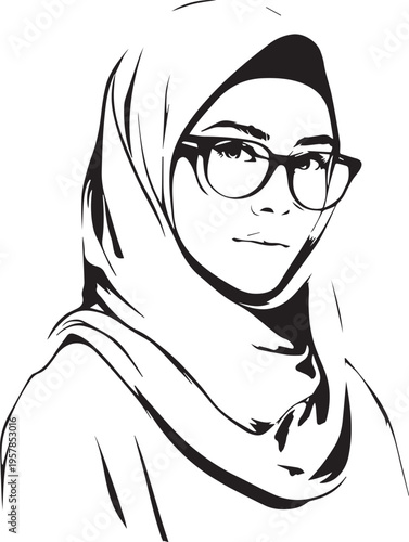 Hand Drawn Woman Wearing Hijab Black and White Avatar Illustration in Minimal Solid Art Style Design