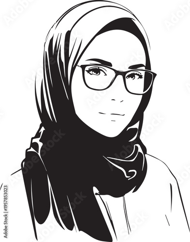 Hand Drawn Woman Wearing Hijab Black and White Avatar Illustration in Minimal Solid Art Style Design