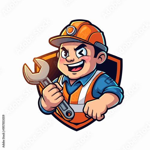 Construction worker mascot holding wrench with helmet and shield