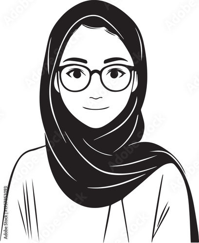 Hand Drawn Woman Wearing Hijab Black and White Avatar Illustration in Minimal Solid Art Style Design