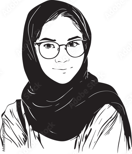 Hand Drawn Woman Wearing Hijab Black and White Avatar Illustration in Minimal Solid Art Style Design