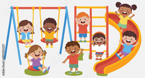  Children playing on colorful playground equipment with swings and slide