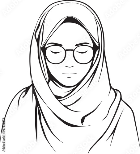 Hand Drawn Woman Wearing Hijab Black and White Avatar Illustration in Minimal Solid Art Style Design