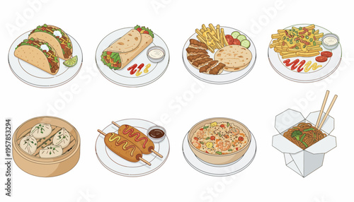 Vector Illustration Collection of Global Fast Food and Street Food Favorites Including Tacos, Burrito, Gyro, Loaded Fries, Dumplings, Corn Dogs, and Fried Rice.