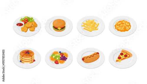 Vector Illustration of Various Fast Food and Healthy Dishes on Plates including Burger, Pizza, Hot Dog, Fries, Nuggets, Pancakes, Fruit Salad, and Macaroni.
