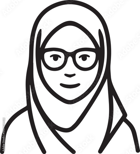Hand Drawn Woman Wearing Hijab Black and White Avatar Illustration in Minimal Solid Art Style Design
