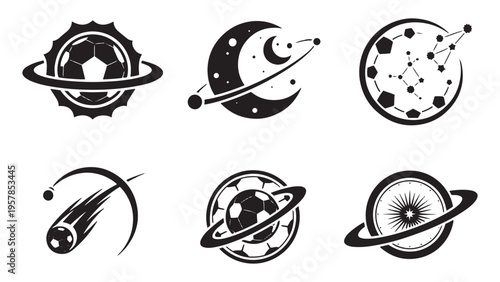 Soccer Ball Planet and Space Fusion Logo Set for Cosmic Sports Branding, Club Identity, and Creative Team Design
