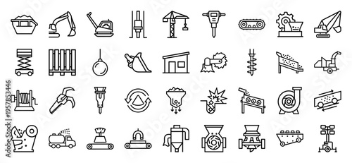Heavy Machinery and Civil Engineering Equipment Outline Set. Minimalist monoline geometric line art for construction and industrial design.