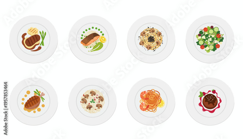 Flat illustration collection of eight diverse gourmet food plates including steak, grilled salmon, pasta, fresh salad, and dessert on a clean white background.