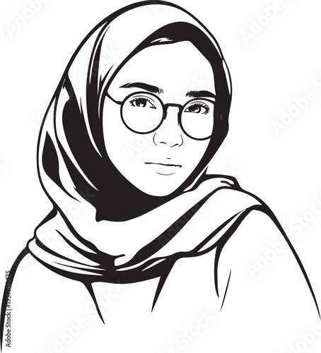 Hand Drawn Woman Wearing Hijab Black and White Avatar Illustration in Minimal Solid Art Style Design