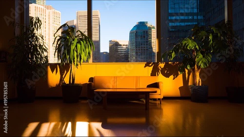 Modern interior with window view of cityscape and plants in sunlight