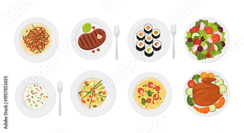 Collection of various food dishes on white plates including pasta, steak, sushi, fresh salad, fried rice, and roasted chicken in a flat vector illustration.