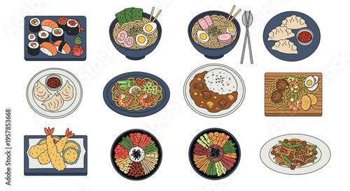 Collection of Various Asian Food Illustrations Including Sushi Ramen Gyoza Curry Tempura and Bibimbap Set of Hand Drawn Flat Vector Icons for Restaurant Menu.