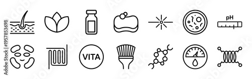 Dermatology and Skincare Treatment Line Icons Featuring Minimalist Monoline Aesthetic for Medical Spa and Cosmetic Product Packaging Design.