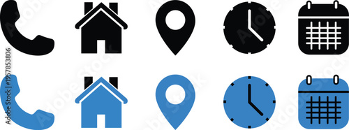 Phone receiver, home, location pin, clock and calendar elements form a clean contact vector illustration. Modern clean vector illustration. Date, time, and location UI icon set with clock

