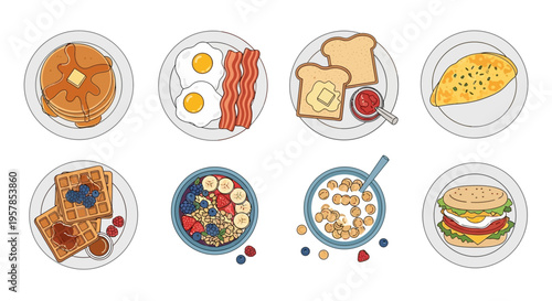 Illustrated Breakfast Food Set with Pancakes, Eggs, Bacon, Toast, Omelet, Waffles, Fruit Bowl, Cereal and Breakfast Sandwich on White Background for Cafe Menus.