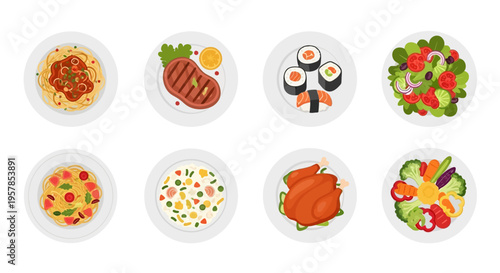 Collection of eight flat vector food plates including spaghetti pasta, grilled steak, sushi, fresh garden salad, fried rice, roast chicken, and vegetable platter