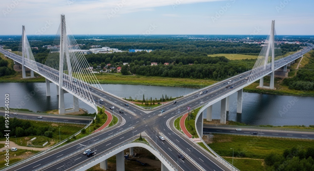 Obraz premium Modern Cable-Stayed Bridge Over River Connects Busy Highways