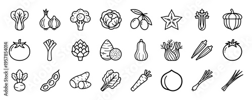 Organic Vegetable Line Art UI Kit for Culinary Apps and Grocery Branding Featuring Minimalist Geometric Monoline Healthy Food Outlines