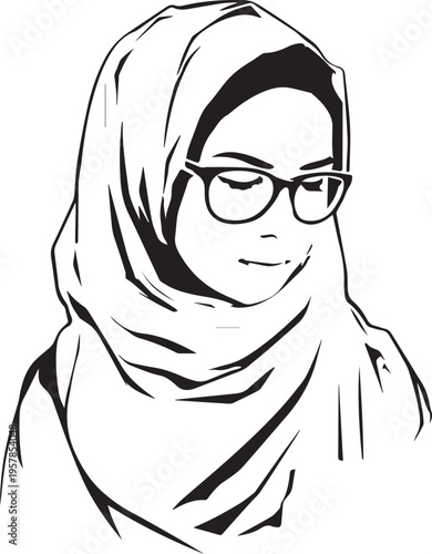Hand Drawn Woman Wearing Hijab Black and White Avatar Illustration in Minimal Solid Art Style Design