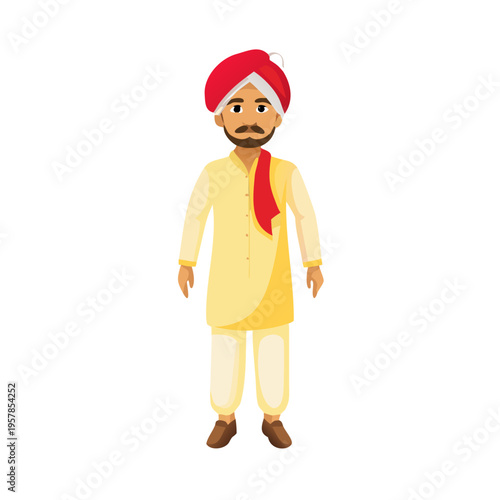 Indian Farmer Character in Traditional Outfit – Yellow Kurta, White Pajama, Red Headband and Gamcha – Indian Village Man Front Full Body and Close-Up Pose Illustration. See Less
