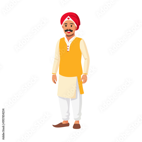 Indian Farmer Character in Traditional Outfit – Yellow Kurta, White Pajama, Red Headband and Gamcha – Indian Village Man Front Full Body and Close-Up Pose Illustration. See Less
