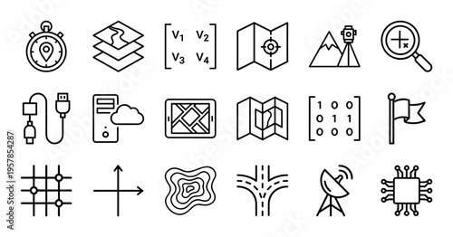 Georegistration and Geospatial Data Analysis Geometric Line Art Featuring Precision Mapping and Satellite Correction Visuals for Tech UI