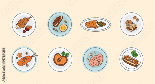 Various hand-drawn meat dishes on plates featuring steaks, kebabs, and roasts in a minimalist cartoon style on a cream background, ideal for menus and blogs.